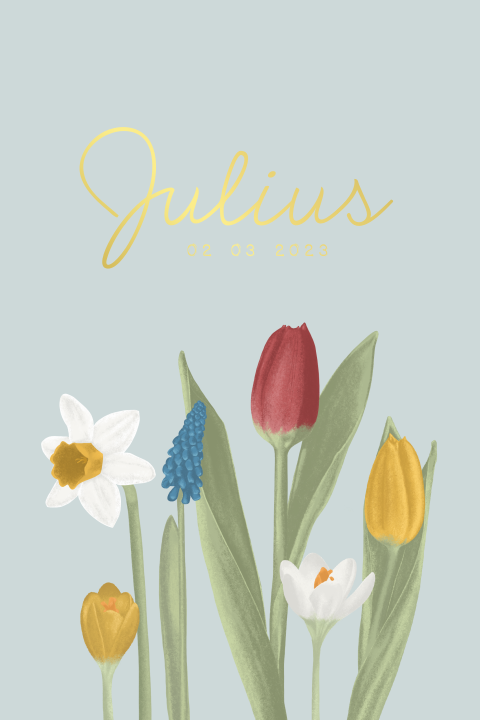 Geboortekaartje voor een jongen met lentebloemen en goudfolie