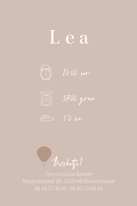 Geboortekaartje voor een meisje met luchtballon en roséfolie letters