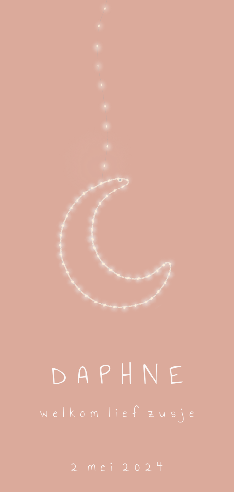 Leuk geboortekaartje voor een meisje met maan met lampjes