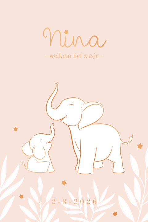 Een lief geboortekaartje met koperfolie olifantjes voor een meisje