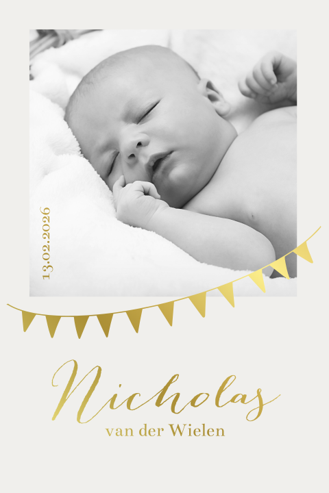 Minimalistisch geboortekaartje met goudfolie en foto voor een jongen