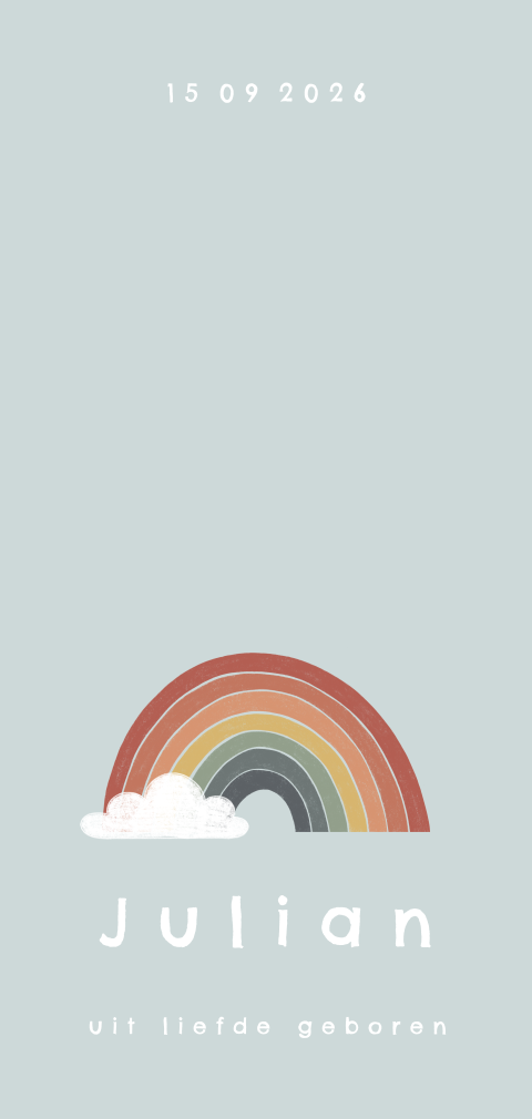 Speels geboortekaartje met regenboog en wolkje