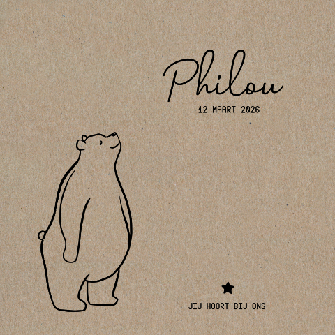 Trendy geboortekaartje op kraftpapier met geïllustreerde beer
